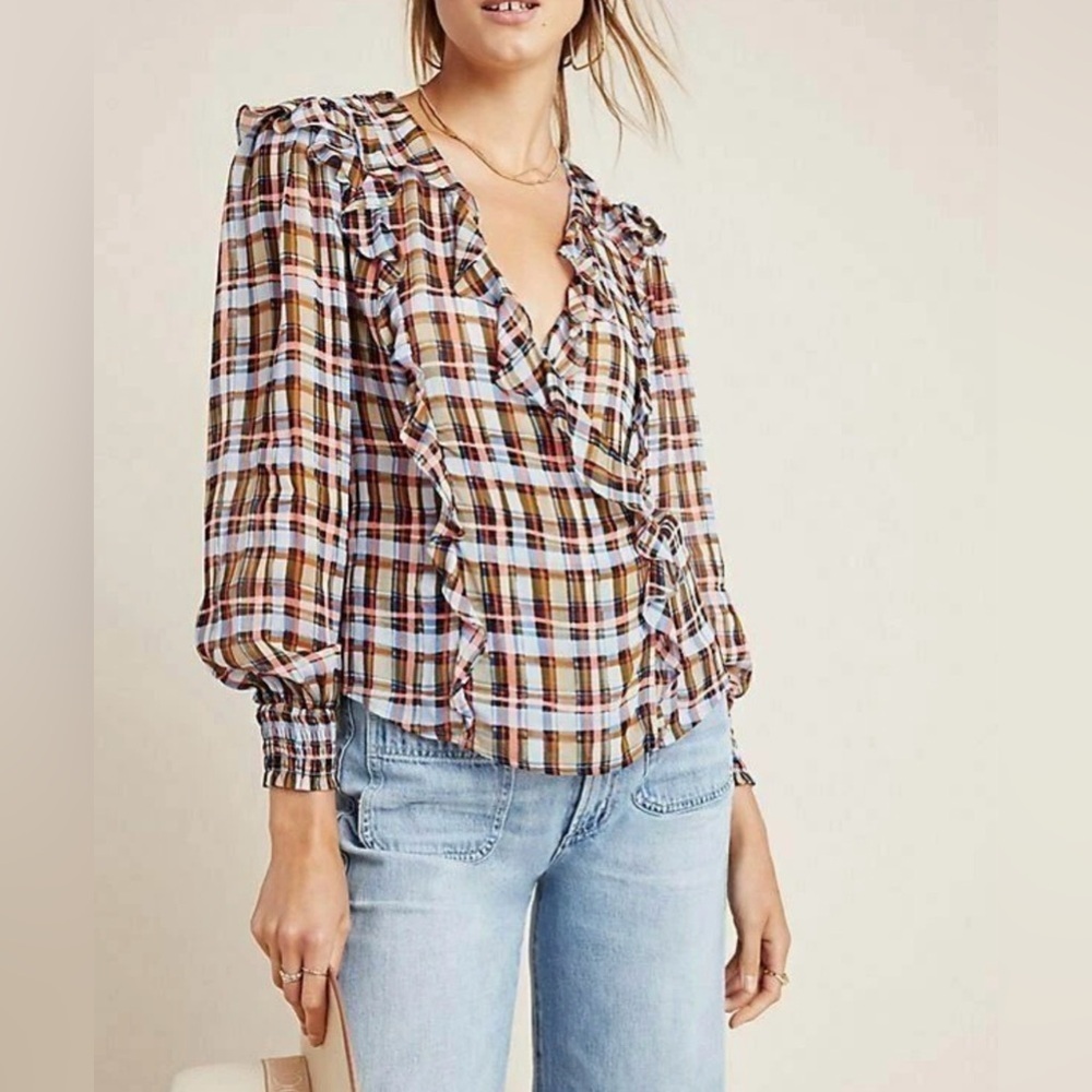 Anthropologie Laila Ruffled Plaid Blouse by Maeve 6